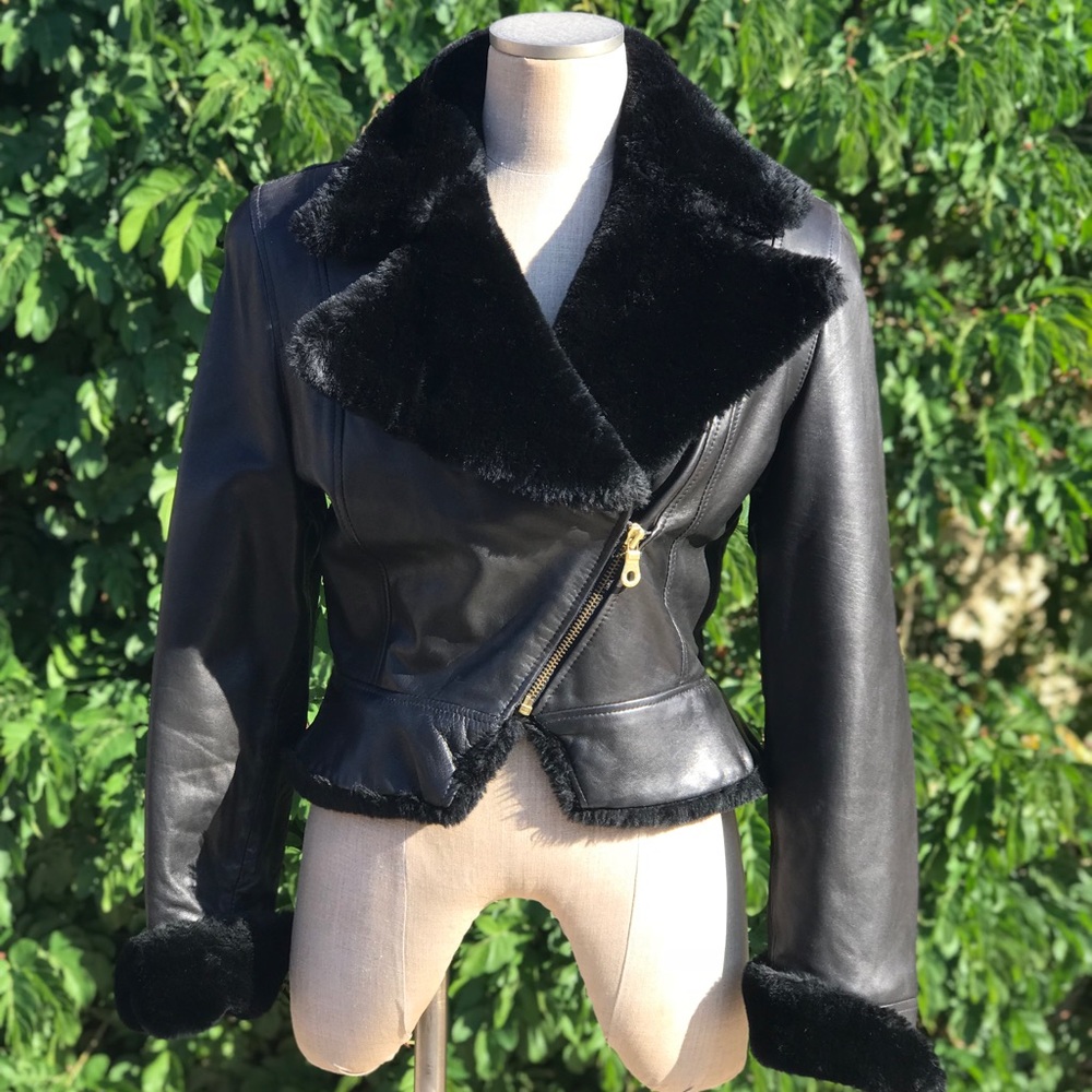 Andrew Marc Leather Jacket with Faux Fur Trim